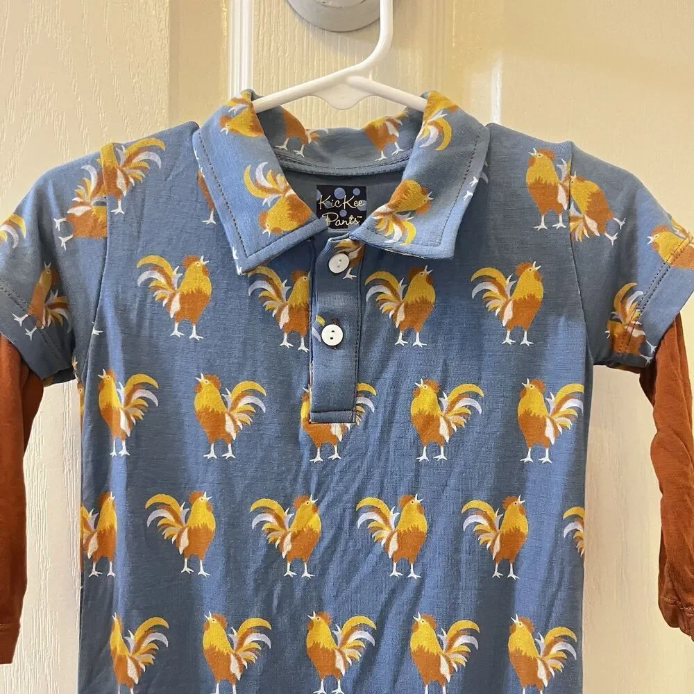 Kickee Pants Blue Parisian Rooster Polo Romper Bamboo Boys Size 18-24 Months
